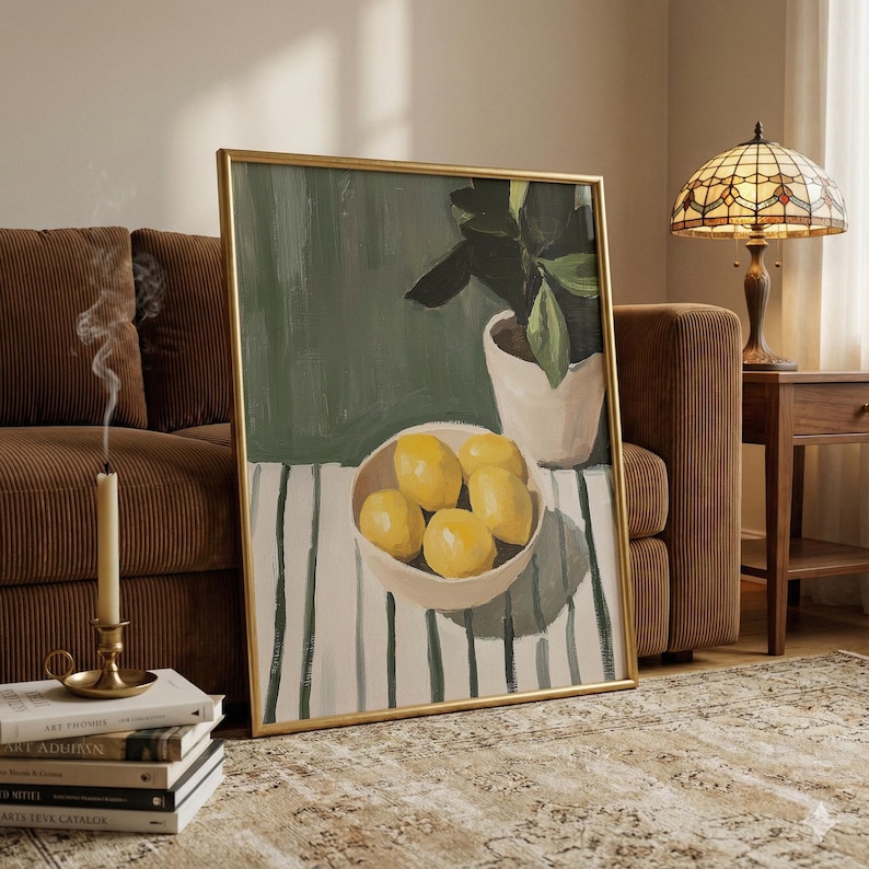 May include: A framed painting depicts a still life with lemons in a bowl, a potted plant, and a striped tablecloth. The painting has a gold frame and is set against a green background. A lit candle and books are in the foreground.