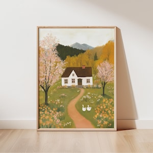Herbst auf dem Land Bauerngarten | Folk Art Print | Cozycore Cottage Herbst Landschaft Wanddekor | Landhaus Illustration | Rustikales Zuhause