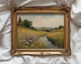 Wildflower Field Painting Print, Vintage Countryside Meadow Landscape Art, Antique Countryside Print, Cozy Cottage Decor, Fine Art Print