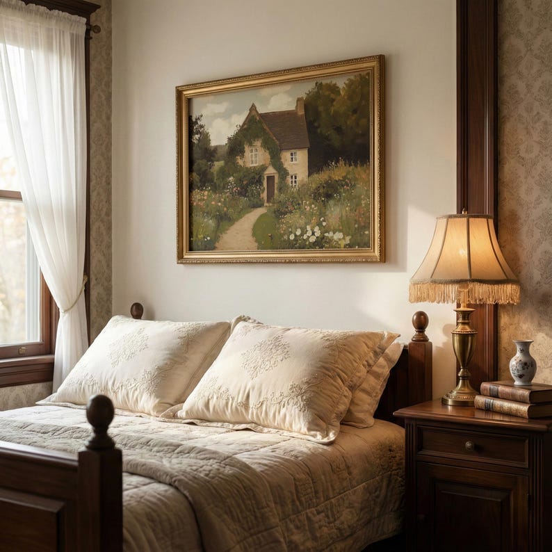 May include: A bedroom scene featuring a bed with cream-colored bedding and pillows. A framed painting of a cottage hangs above the bed. A lamp with a fringed shade sits on a wooden nightstand, next to a stack of books and a small vase.