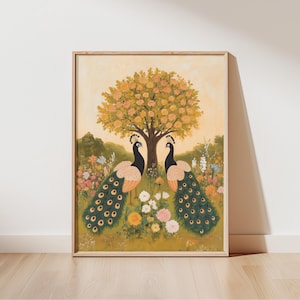 Pavos reales y el árbol / Lámina de arte popular / Decoración de pared tradicional cottagecore / Ilustración de póster de aves / Decoración rústica del hogar / Lámina de bellas artes