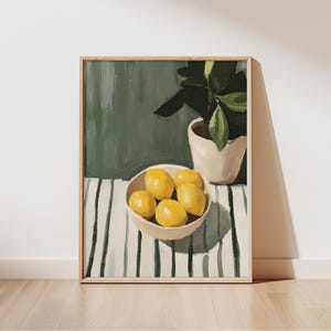 Dipinto moderno di limoni in una ciotola / Stampa di metà secolo / Arte da cucina di tendenza / Stampa artistica di natura morta