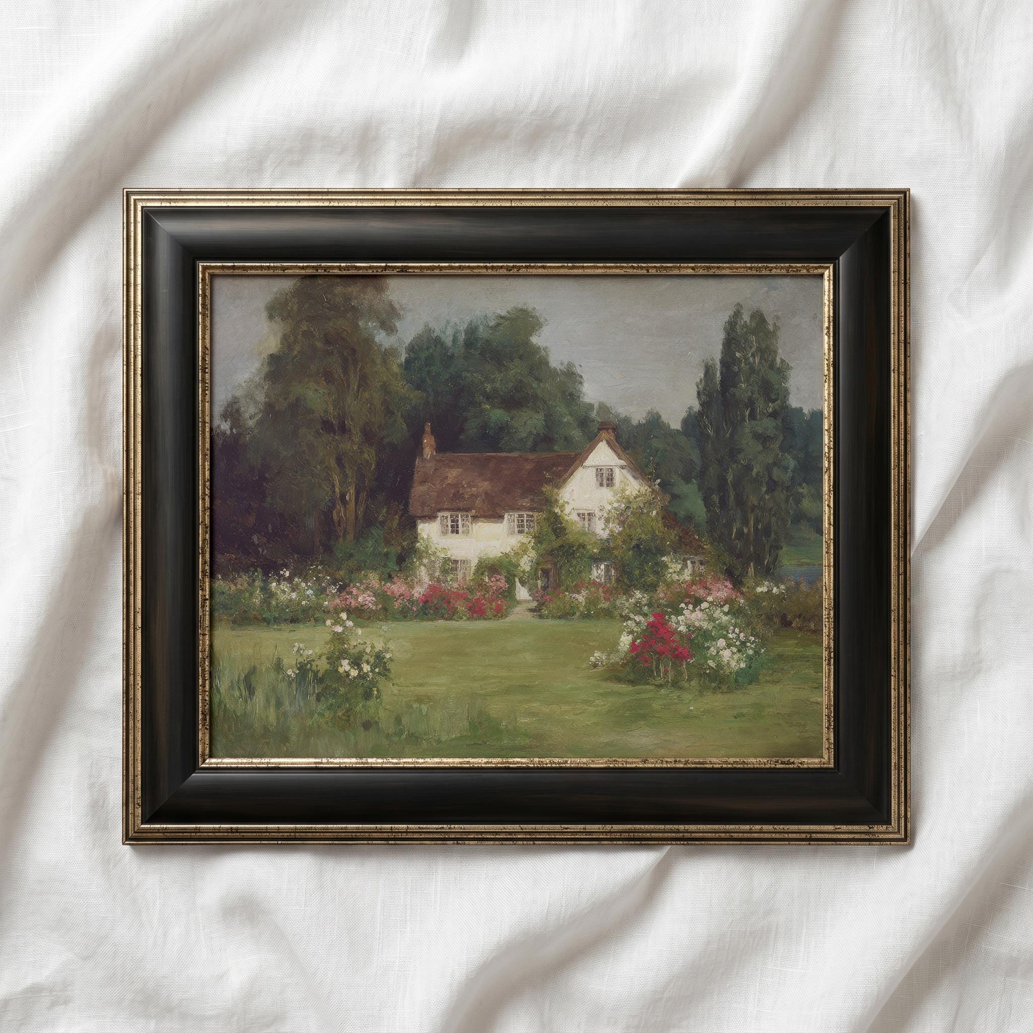 English Cottage Garden Oil Painting Print, Vintage Country House Art ...