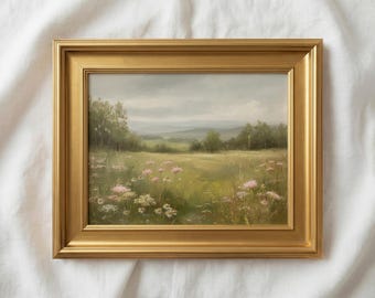 Pintura al óleo de un paisaje de campo de flores silvestres, pradera campestre, arte mural de estilo cottagecore, lámina rústica.