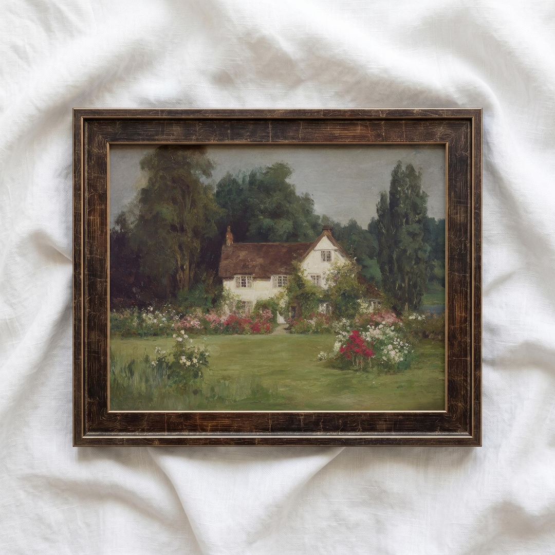 English Cottage Garden Oil Painting Print, Vintage Country House Art ...