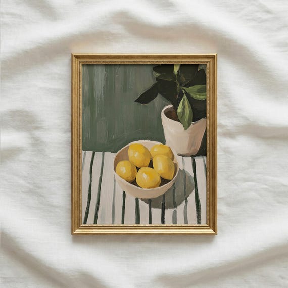 Modern Lemons in a Bowl Painting  | Mid Century Print | Trendy Kitchen Wall Art | Still Life Fine Art Print
