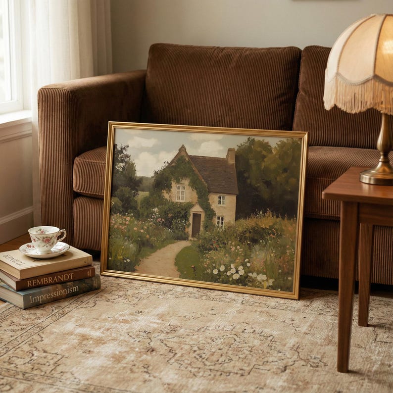 May include: A framed landscape painting of a cottage with a path leading to the front door. The painting has a gold frame and is propped against a brown corduroy sofa. A teacup and books are in the foreground.