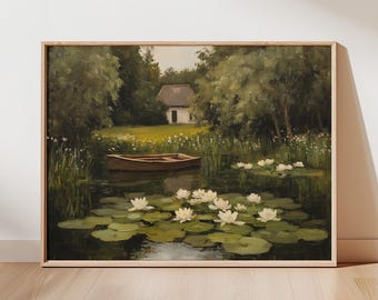 Vintage Lake Cottage Painting Print | Peaceful Pond with Water Lilies Wall Art | Rustic English Countryside Lake Landscape | Fine Art Print