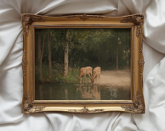 Stampa a olio di cervo vintage / Stampa rustica di animali selvatici / Arte murale di animali / Arredamento accogliente per cottage / Stampa artistica