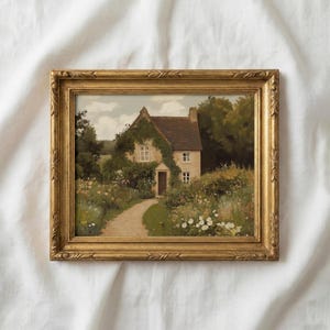 May include: A framed painting of a cottage with a path leading to the front door. The cottage is surrounded by a lush garden with colorful flowers and greenery. The frame is gold with ornate detailing.