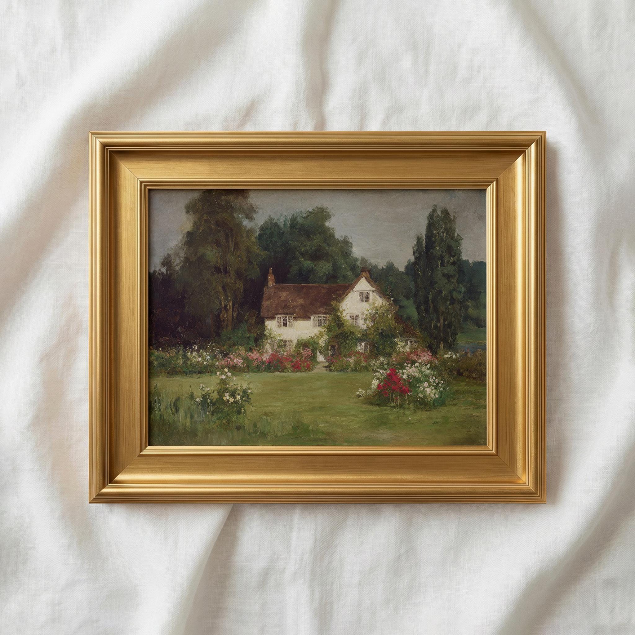 English Cottage Garden Oil Painting Print, Vintage Country House Art ...