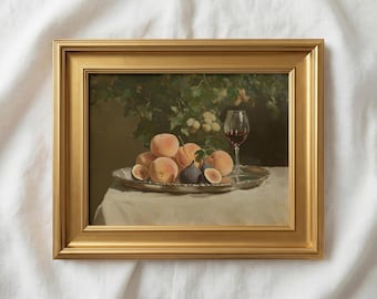 Peaches, Fig and Wine Still Life Painting Print, Vintage Kitchen Wall Art, Antique Dark Academia Decor