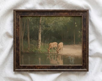 Stampa a olio di cervo vintage / Stampa rustica di animali selvatici / Arte murale di animali / Arredamento accogliente per cottage / Stampa artistica