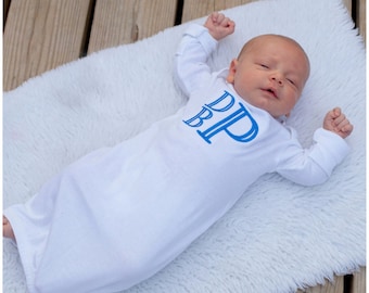 Newborn Baby Boy Outfit Personalized Embroidered Gown Stacked Initial Monogram Newborn Coming Home Outfit Take Home Clothes Baby Shower Gift