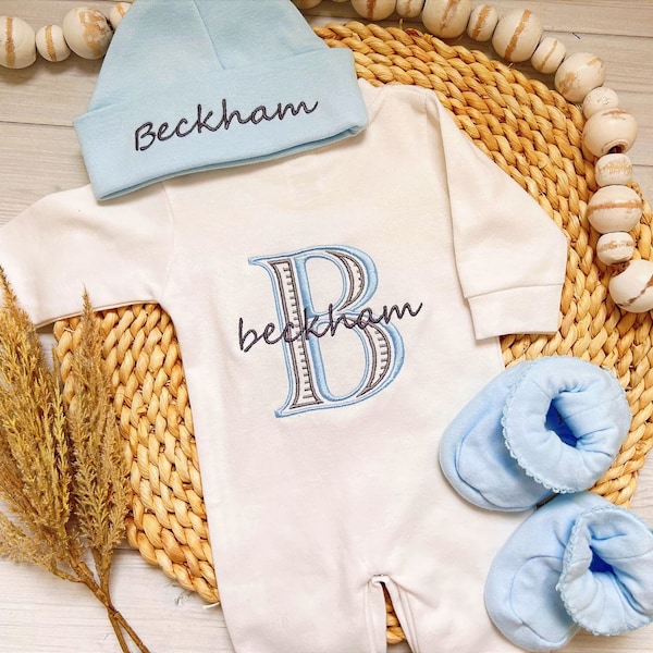 Baby Boy Coming Home Outfit Newborn Personalized Romper Optional Hat Booties Monogrammed Baby Clothing Baby Shower Gift Take Home