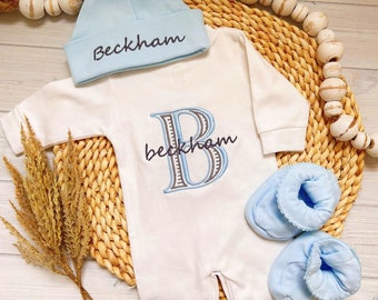 Baby Boy Coming Home Outfit Newborn Personalized Romper Optional Hat Booties Monogrammed Baby Clothing Baby Shower Gift Take Home