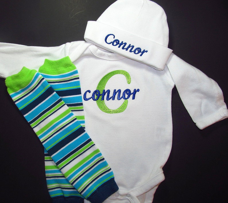 Baby Boy Coming Home Outfit Clothes Bodysuit Hat Leg Warmers Leggings Personalized Embroidered Infant Clothing Monogrammed Baby Shower Gift