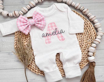 Personalized Baby Girl Coming Home Hospital Outfit Newborn Romper Monogram Baby Clothing Shower Gift Take Home Bow Headband Pink Gingham