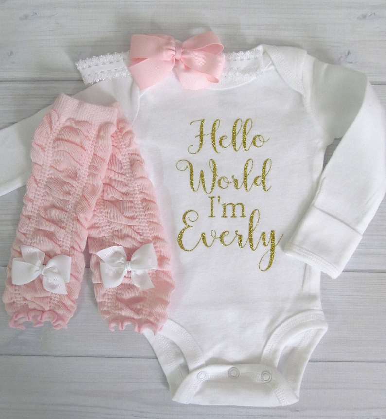 Baby Girl Coming Home Outfit Hello World Gold Glitter Personalized Baby Shower Gift Baby Bodysuit Optional Leg Warmers and Bow Headband
