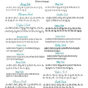 May include: A font chart displaying sixteen distinct alphabet styles in black text on a white background. Each font is labeled with a name such as Avery, Shay, Morgan, Heather, Taylor, Aspen, Brook, Tyler, Parker, Carly, Kerry, Blake, Reese, Abby, Skye, Dylan, Chase, and Leah.