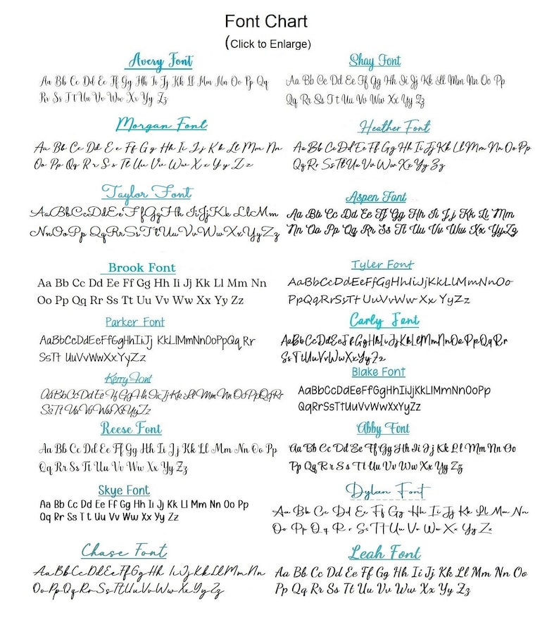 May include: A font chart displaying sixteen distinct alphabet styles in black text on a white background. Each font is labeled with a name such as Avery, Shay, Morgan, Heather, Taylor, Aspen, Brook, Tyler, Parker, Carly, Kerry, Blake, Reese, Abby, Skye, Dylan, Chase, and Leah.