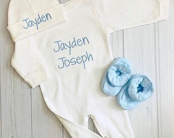 Baby Boy Outfit Baby Boy Coming Home Personalized Newborn Romper Optional Hat Booties Monogrammed Clothing Baby Shower Gift Take Home