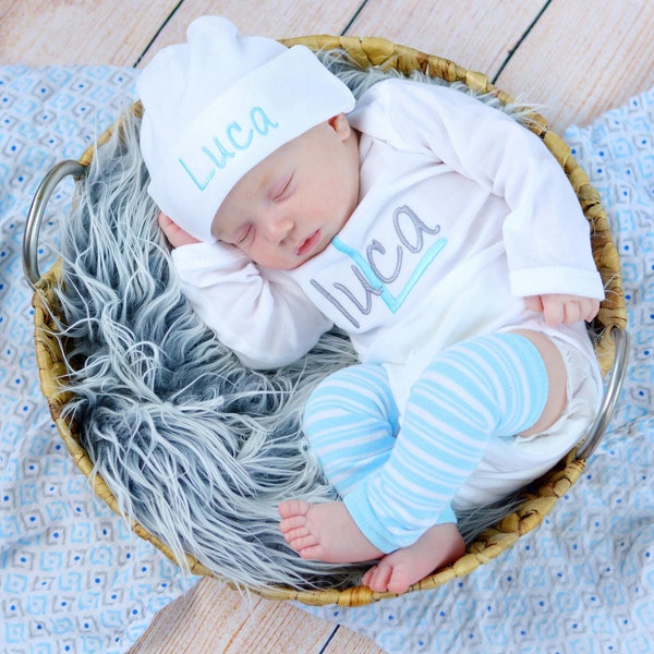 Baby Boy Coming Home Outfit Baby Boy Clothes Bodysuit Hat Newborn Leg Warmers Leggings Personalized Embroidered Baby Clothing Monogram