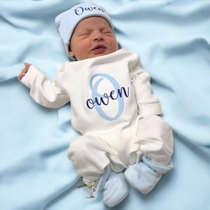 Personalized Baby Boy Gift Coming Home Outfit Newborn Romper Optional Hat Booties Monogrammed Baby Clothing Embroidered Custom Baby Shower