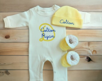 Baby Boy Coming Home Outfit Newborn Personalized Romper Optional Hat Booties Monogrammed Baby Clothing Baby Shower Gift Take Home