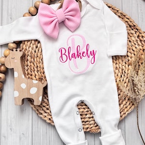 Personalized Baby Girl Coming Home Hospital Outfit Newborn Romper Monogram Baby Clothing Shower Gift Take Home Pink Bow Headband