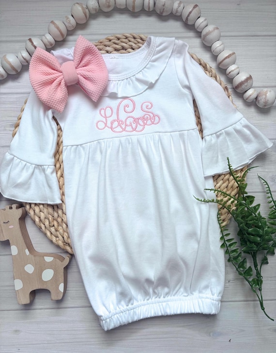 Baby Girl Ruffled Cotton Gown Newborn Dress Bow Embroidered Monogrammed