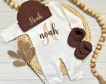 Baby Boy Coming Home Outfit Newborn Personalized Romper Optional Brown Hat Booties Monogrammed Baby Clothing Baby Shower Gift Take Home