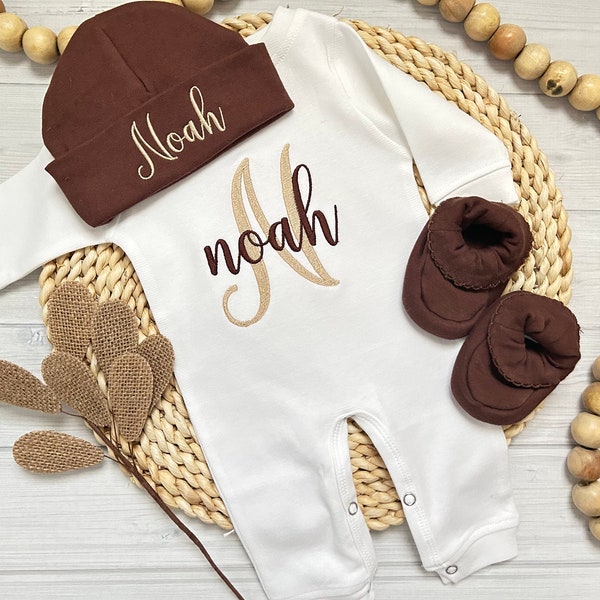 Baby Boy Coming Home Outfit Newborn Personalized Romper Optional Brown Hat Booties Monogrammed Baby Clothing Baby Shower Gift Take Home