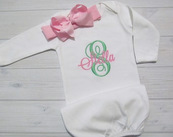 Baby Girl Coming Home Outfit Personalized White Gown Optional Pink or Mint Bow Headband  Newborn Embroidered Monogram Baby Shower Gift
