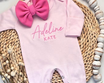 Personalized Baby Girl Romper: Pink Monogrammed Outfit, Bow Headband