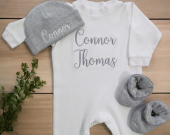 Newborn Boy Outfit Baby Boy Coming Home Personalized Sleeper Romper Optional Hat Booties Monogrammed Clothing Baby Shower Gift Take Home