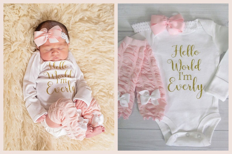 Baby Girl Coming Home Outfit Hello World Gold Glitter Personalized Baby Shower Gift Baby Bodysuit Optional Leg Warmers and Bow Headband