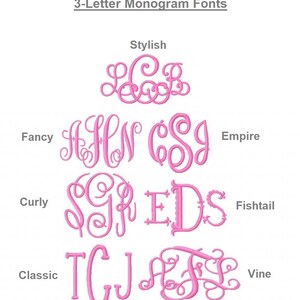 May include: A chart titled 3-Letter Monogram Fonts displaying six pink embroidered monogram styles labeled Stylish, Fancy, Empire, Curly, Fishtail, Classic, and Vine. Each style features three letters in a unique typeface design for embroidery.