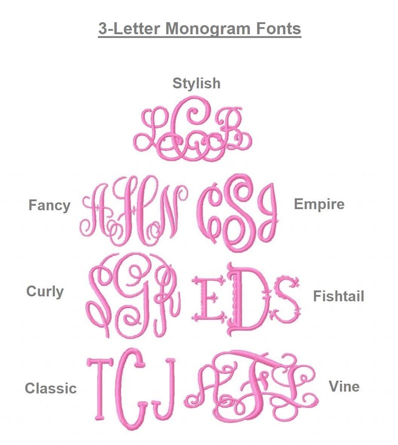 May include: A chart titled 3-Letter Monogram Fonts displaying six pink embroidered monogram styles labeled Stylish, Fancy, Empire, Curly, Fishtail, Classic, and Vine. Each style features three letters in a unique typeface design for embroidery.