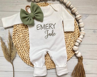 Personalized Baby Girl Coming Home Hospital Outfit Newborn Romper Monogram Baby Clothing Shower Gift Take Home Bow Headband Customize Colors