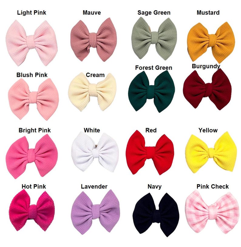 May include: A collection of sixteen fabric hair bows in various colors including light pink, mauve, sage green, mustard, blush pink, cream, forest green, burgundy, bright pink, white, red, yellow, hot pink, lavender, navy, and a pink checkered pattern.