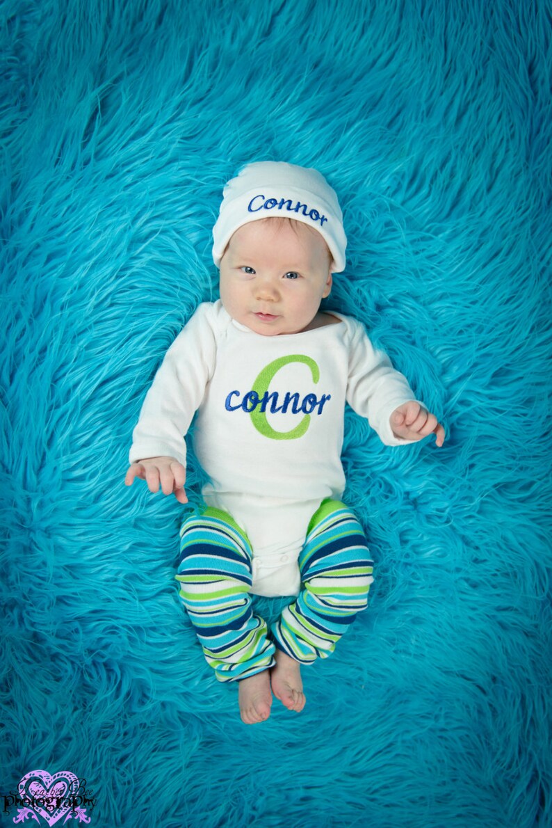 Baby Boy Coming Home Outfit Clothes Bodysuit Hat Leg Warmers Leggings Personalized Embroidered Infant Clothing Monogrammed Baby Shower Gift
