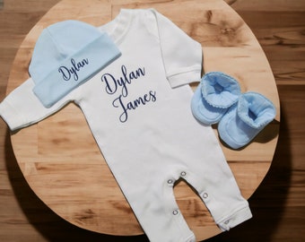 Newborn Boy Outfit Baby Boy Coming Home Personalized Sleeper Romper Hat Monogrammed Baby Clothing Baby Shower Gift Take Home