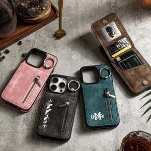 Aangepaste leren tas voor iPhone 16 Pro Max iPhone 15 iPhone 14 Pro, gepersonaliseerd iPhone-hoesje met rits en kaarthouder, iPhone 13 12 XR/XS