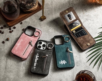 Customized Leather Case for iPhone 16 Pro Max iPhone 15 iPhone 14 Pro, Personalized Zipper iPhone Case With Card Holder, iPhone 13 12 XR/XS