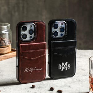 カスタマイズされたイニシャルネーム iPhone カバーケース、カードスロットレザーケース、iPhone 16 Pro Max iPhone 15 iPhone 14 Pro、iPhone 13 12 XR/XS ケース用