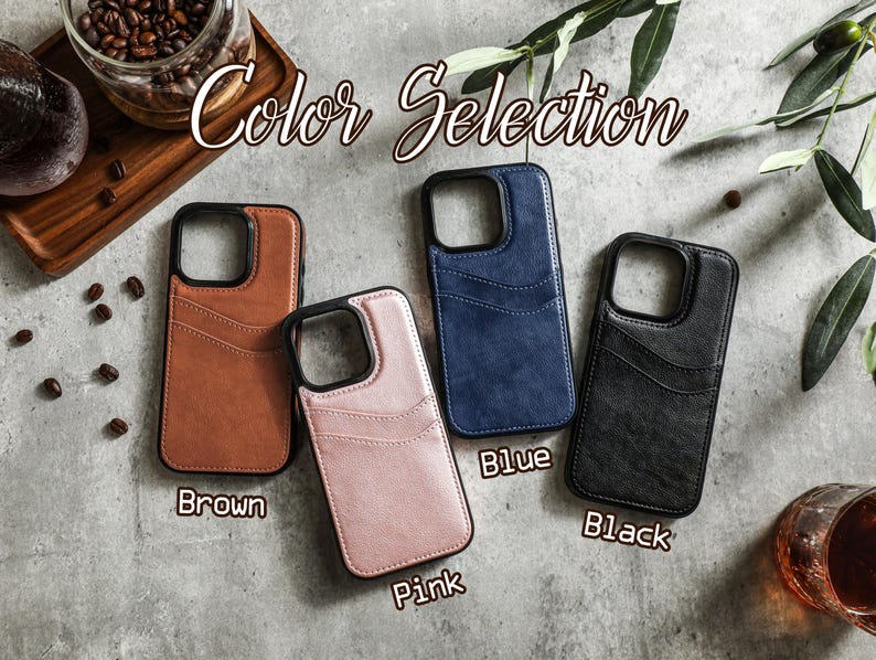May include: Four phone cases in different colors: brown, pink, blue, and black. The cases have a wallet-style design with a flap that covers the camera lens. The text "Color Selection" is at the top of the image.