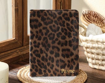 Retro Leopard Print Custom Leather Kindle Case, Personalized Kindle Paperwhite 12th 7'' Case, All New Kindle 6'' 2024 11th Case, Gift idea