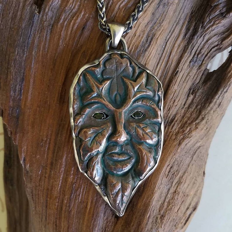 Copper And Silver Green Man Pendant With Chrome Diopside Eyes - Green Man Pendant Silver Copper And Silver Green Man Pendant With Chrome Diopside Eyes - Green Man Pendant Silver