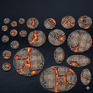 May include: A selection of miniature terrain bases in various shapes, including circles and ovals. The bases have a cracked, stone-like texture with glowing orange lava flowing through the cracks. These bases are designed for tabletop gaming.